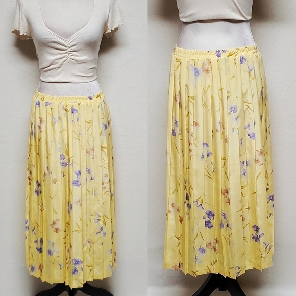 VINTAGE Leslie Fay Yellow Floral Plisse Accordion Pleat Full Length Midi Skirt - Picture 1 of 9
